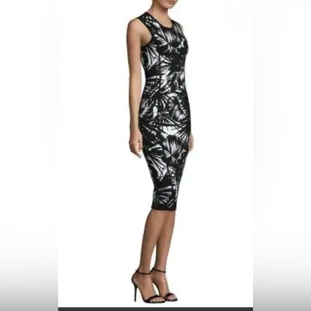 Michael Kors Collection Black and White Palm Print Jacquard Midi Dress - Small